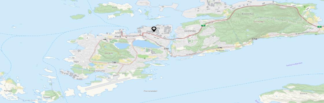 Kartutsnitt som viser Florø. Evja og aktuelt område for detaljregulering (gbnr. 202/482) er markert i kartet med markør - Klikk for stort bilete