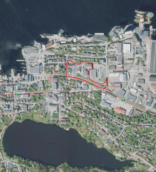 Bildet er eit kartutsnitt av Evja i Florø. her er det ringa rundt det akutelle området for privat detaljreguleringsplan.  - Klikk for stort bilete