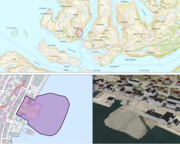 Bildet viser eit kartutsnitt frå sentrum av Måløy, der "sentrumstomta" er markert med lilla. - Klikk for stort bilete