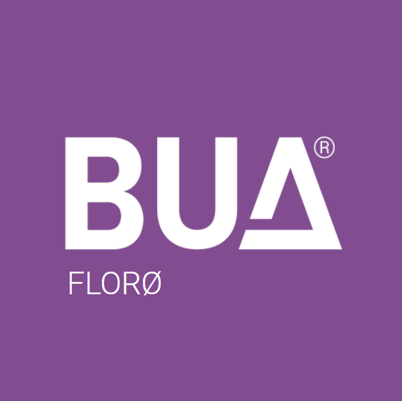 Bildet viser logoen til BUA Florø (BUA Florø skrevet med kvite bokstavar på ein lilla bakgrunn) - Klikk for stort bilete
