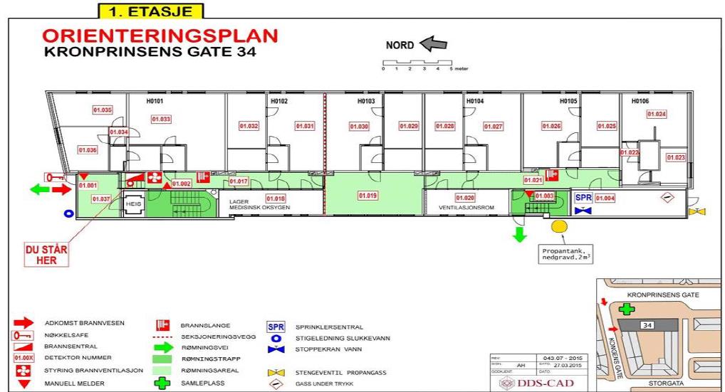 Bildet er eit eksempel av ein orienteringsplan(rømmingsplan) for brannberedskap - Klikk for stort bilete